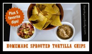 Homemade sprouted tortilla chips featuring five favorite dips!