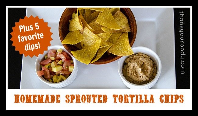Homemade sprouted tortilla chips featuring five favorite dips!