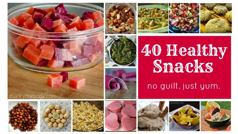 40 healthy snacks for kids and adults. No guilt. Just lots of yummy (and good for you) ideas.