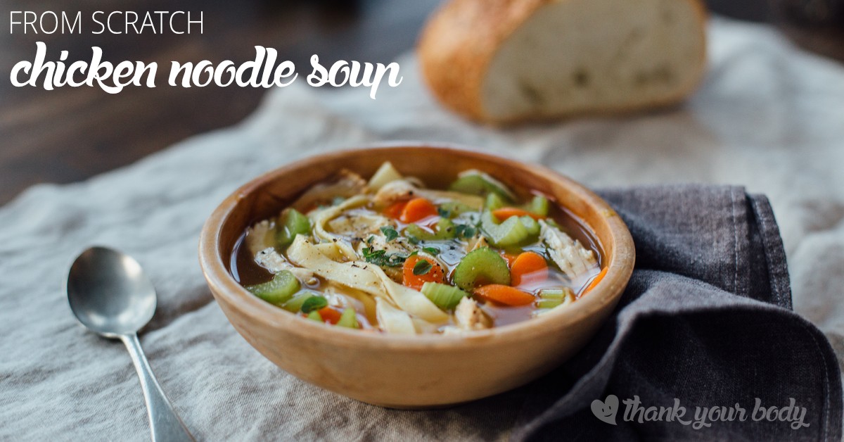 Make this savory, all-natural chicken noodle soup from scratch! Organic chicken and vegetables with homemade noodles (grain free option). Good, and healthy!