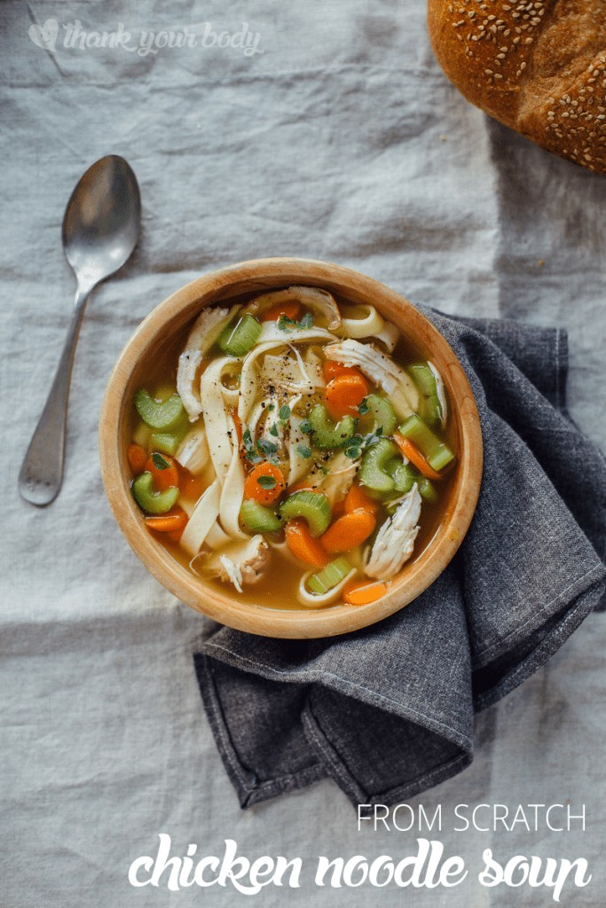 Make this savory, all-natural chicken noodle soup from scratch! Organic chicken and vegetables with homemade noodles (grain free option). Good, and healthy!