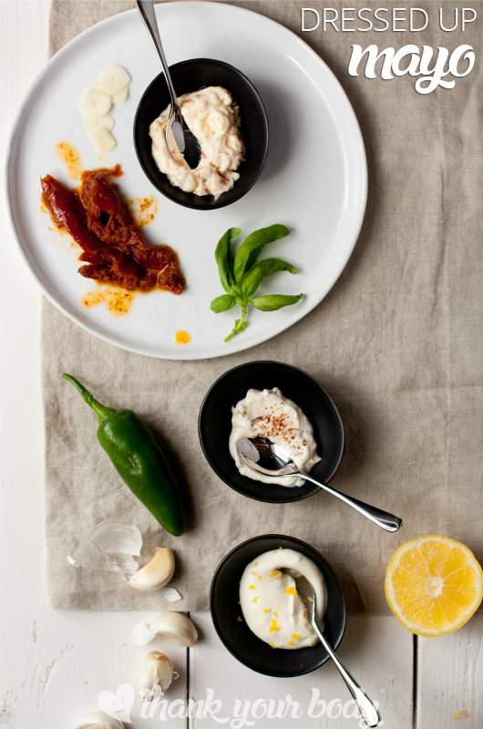 Basil and sun dried tomato, Jalapeno and Chili, or Garlic Aioli...these dressed up mayonnaise spreads are easy to make and spice up any sandwich!