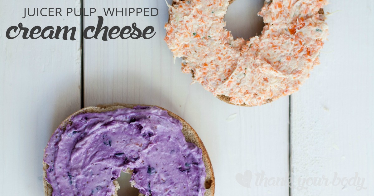 These delicious juicer pulp whipped cream cheese spreads can be made without a juicer, too. Choose vegetable or berry, great on a bagel or apple slices!