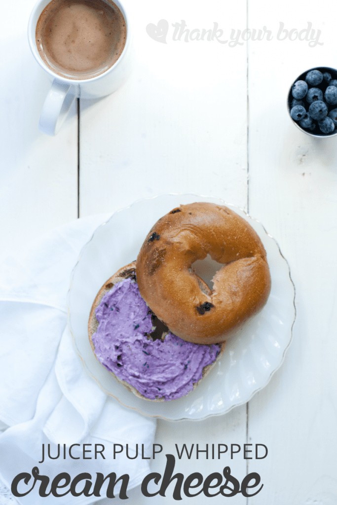 These delicious juicer pulp whipped cream cheese spreads can be made without a juicer, too. Choose vegetable or berry, great on a bagel or apple slices!