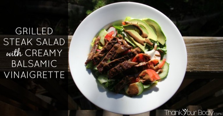 An easy summer dinner, this salad is topped with seasoned, grilled steak and drizzled with creamy balsamic vinaigrette dressing.