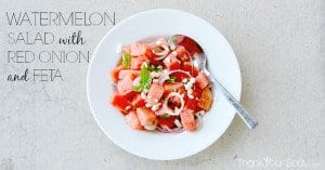 Fresh watermelon, red onion, basil and feta...a sweet-savory combination that makes a wonderful side salad!