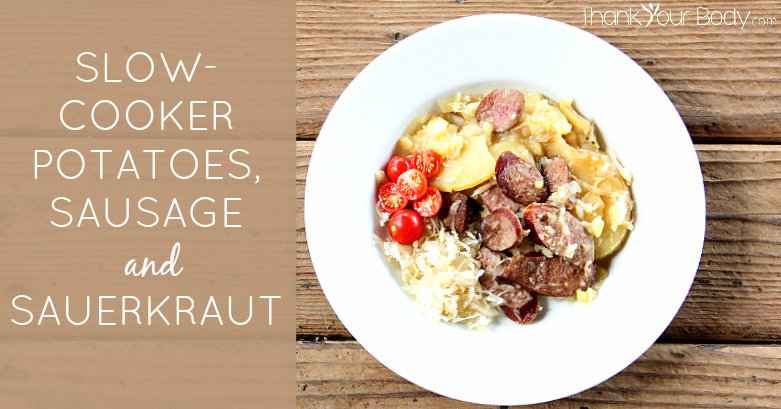 Yukon Gold potatoes, sweet onions and nitrate-free organic sausage, slow cooked and then mixed with homemade sauerkraut. Yum!