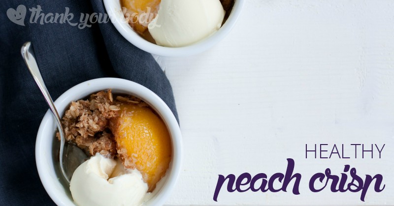 Healthy peach crisp...make it gluten free and vegan with organic peaches, oats, coconut and almond flour. Delicious with ice cream or whipped coconut cream!