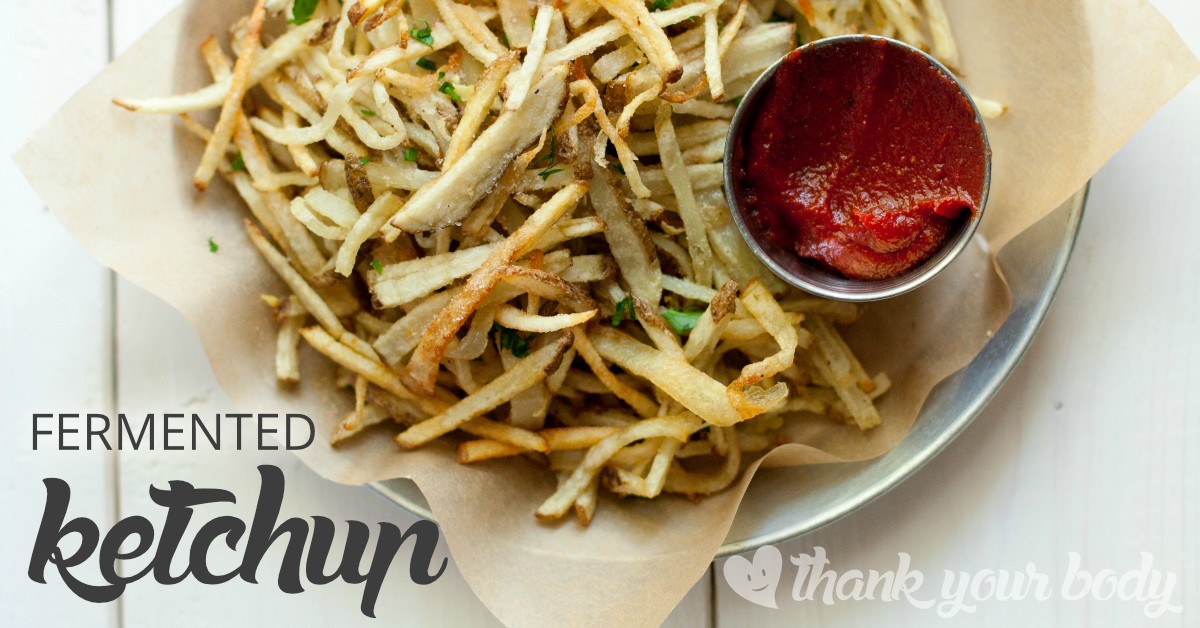 Love ketchup, but not corn syrup? Homemade fermented ketchup is a delicious source of probiotics, lycopene, vitamin C and iron. An easy to make kid pleaser!