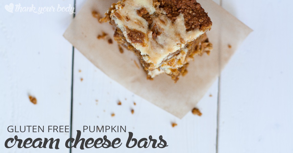 Delicious gluten free pumpkin cream cheese bars are a cross between a bar cookie and a cheesecake. Creamy, rich, decadent but full of vitamins and minerals!