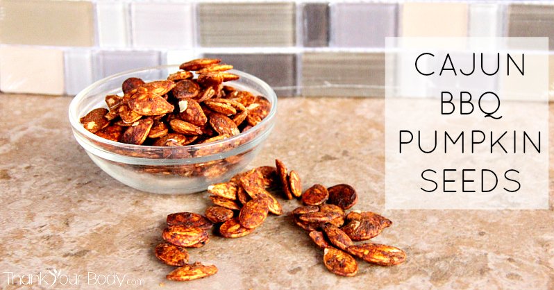 Try these savory, crunchy Cajun bbq pumpkin seeds! Easy to make and healthy, too!