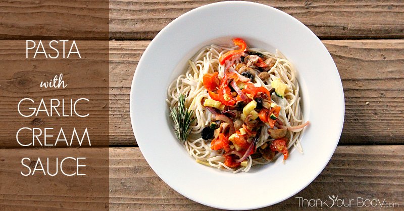 Pasta with vegetables and garlic cream sauce is simple and delicious. A great way to use up leftover vegetables. Healthy, easy, and so good!