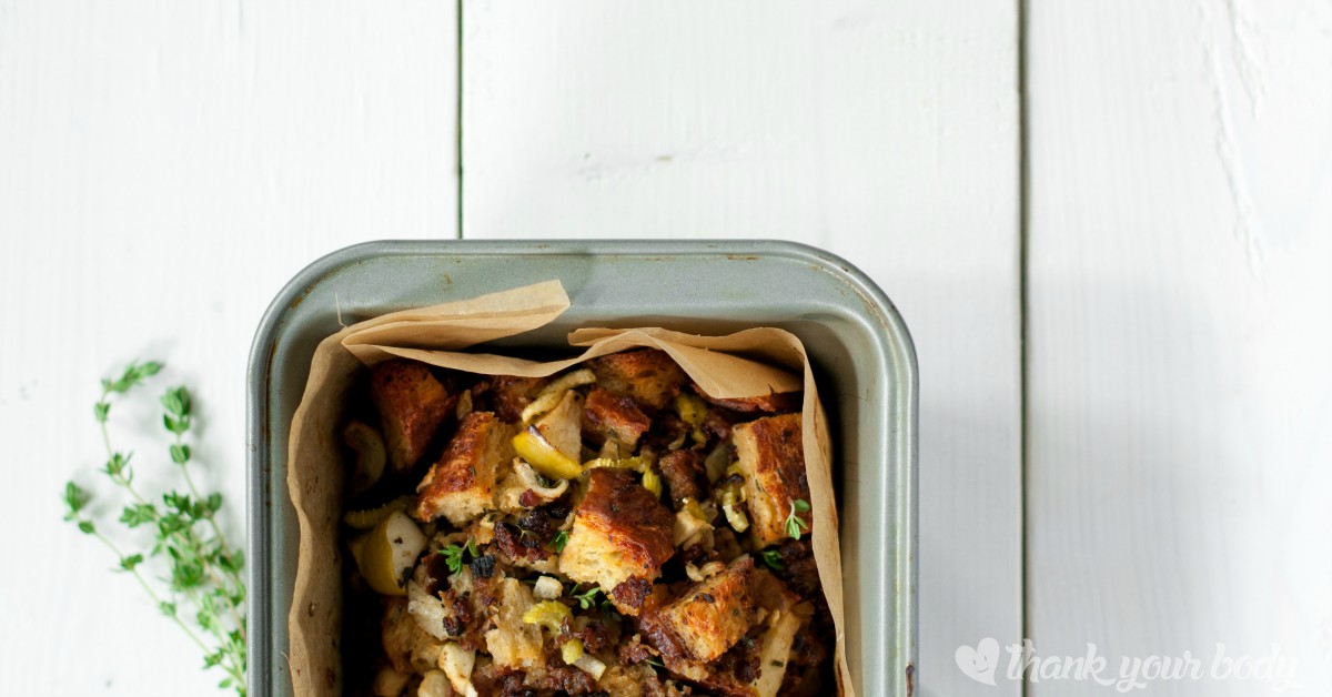 This gluten free sausage and apple stuffing is a healthier alternative to traditional dressing. The apples are subtle, but make it so savory and moist.