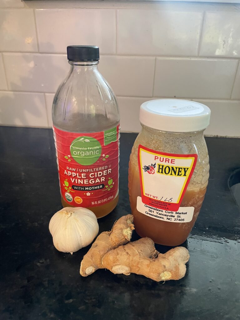Apple cider vinegar, honey, garlic and ginger sitting on countertop. 